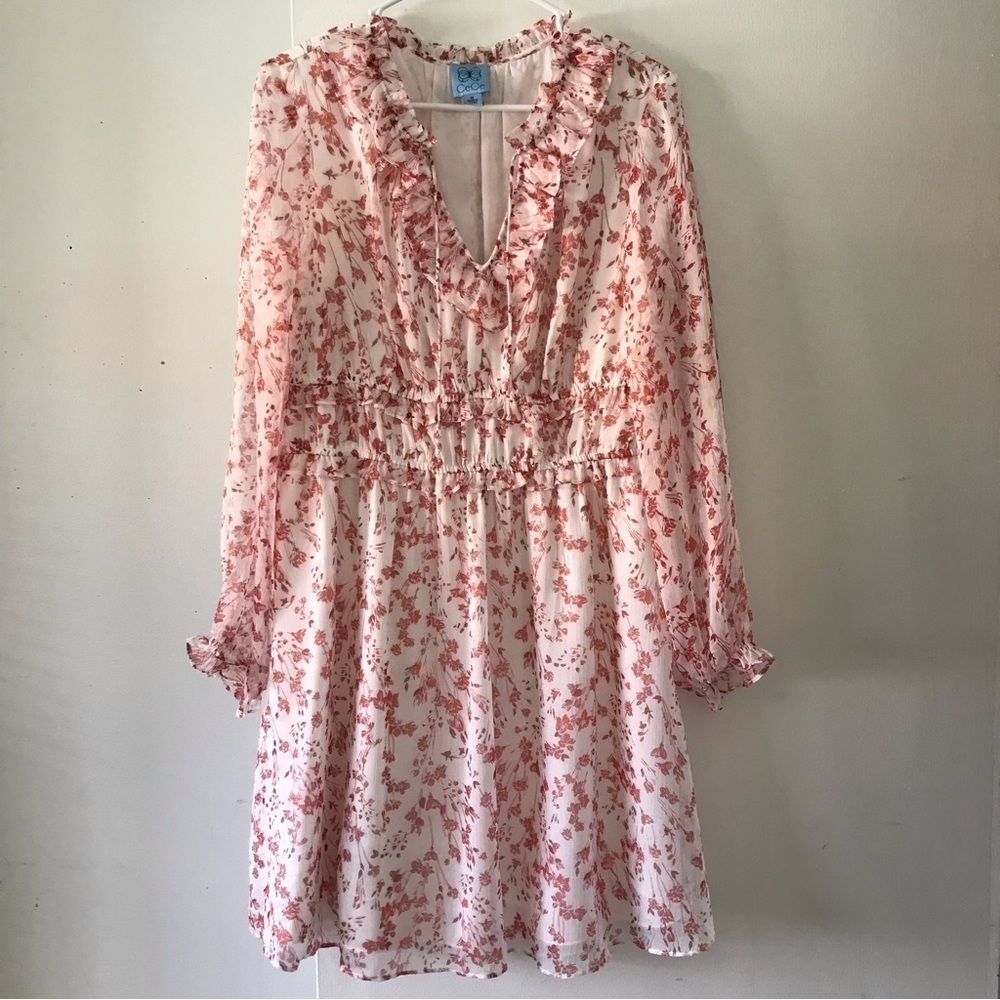 CeCe Floral Chiffon Tie Neck Ruffle Dress Size 12 White Red Sheer Sleeve Wedding - Picture 3 of 17